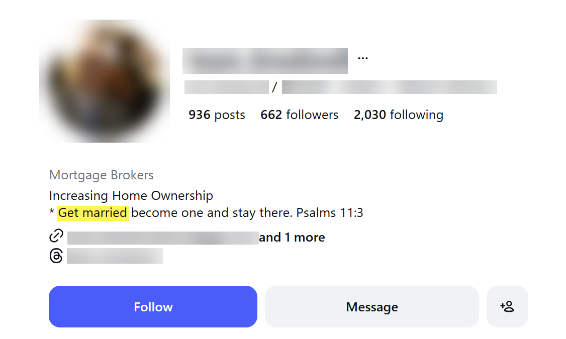 Mortgage broker Instagram bio referencing marital status and scripture, a fair lending concern