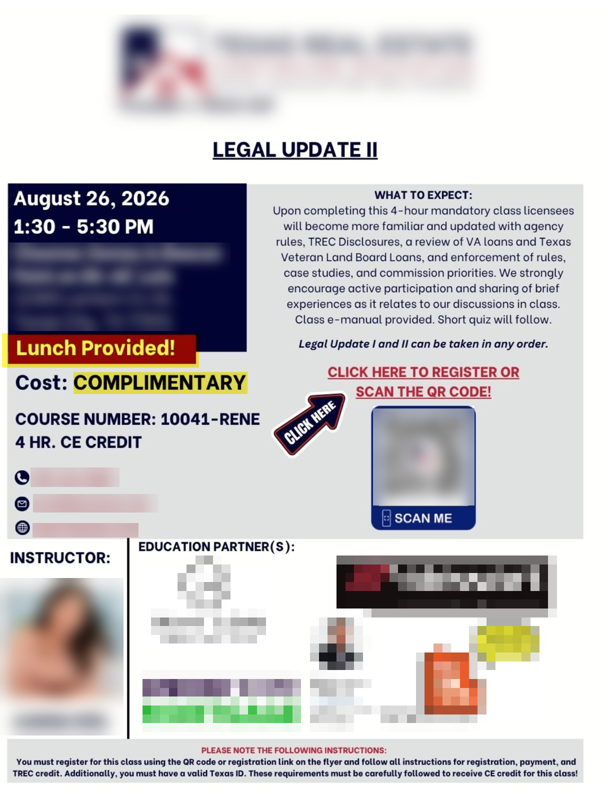 Flyer for a complimentary continuing education class for real estate licensees co-sponsored by a loan officer and title company