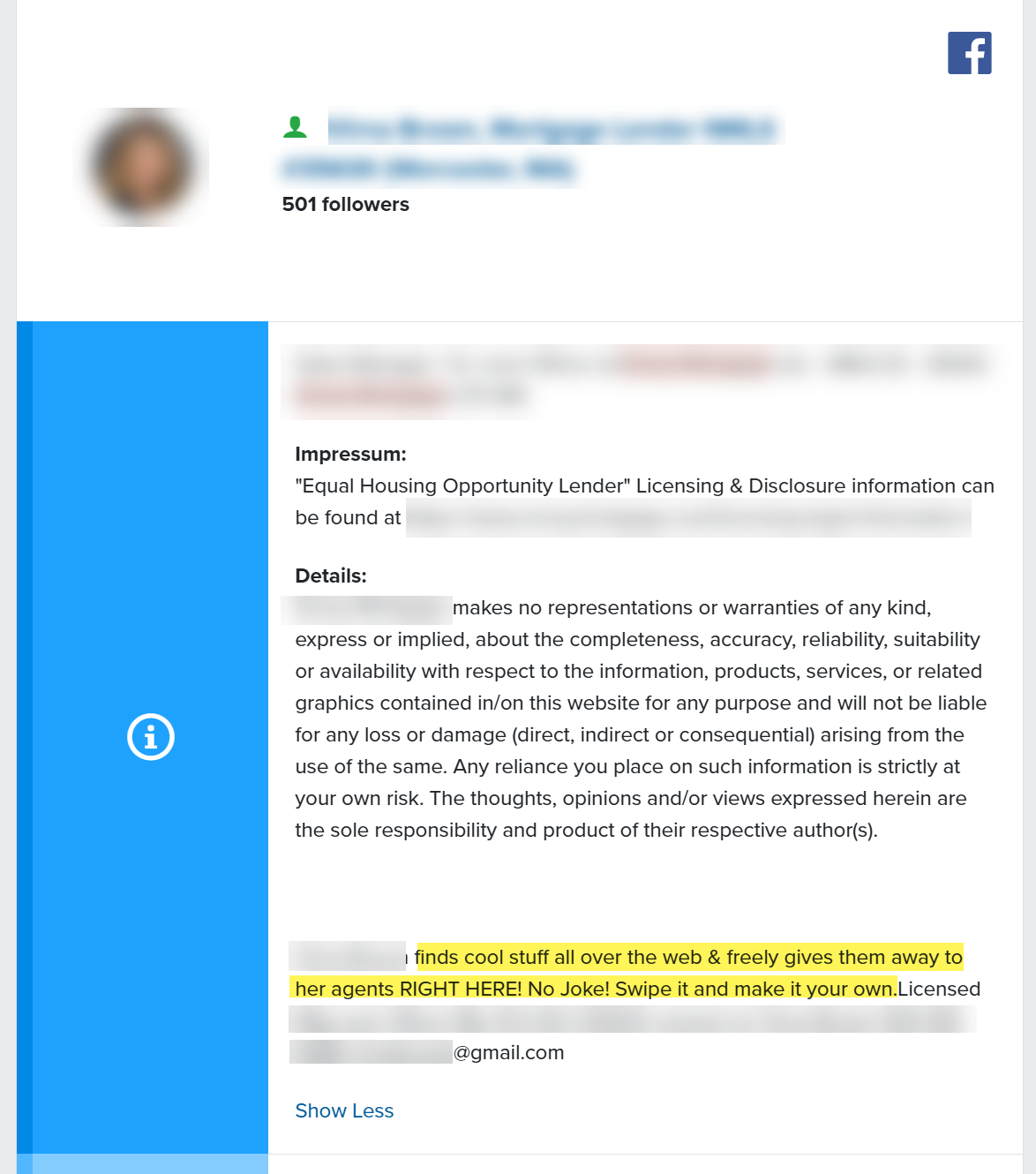 Loan officer business profile offering free marketing content to real estate agents, a RESPA Section 8 concern